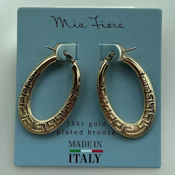 NEW Mia Fiore 18kt Gold plated Bronze Greek Key Design Hoop Earrings - Picture 2 of 5